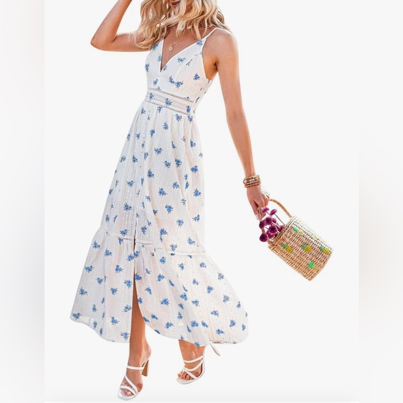 BerryGo Women's Embroidery Pearl Button Down V Neck Spaghetti Strap Maxi Dress - Picture 3 of 3